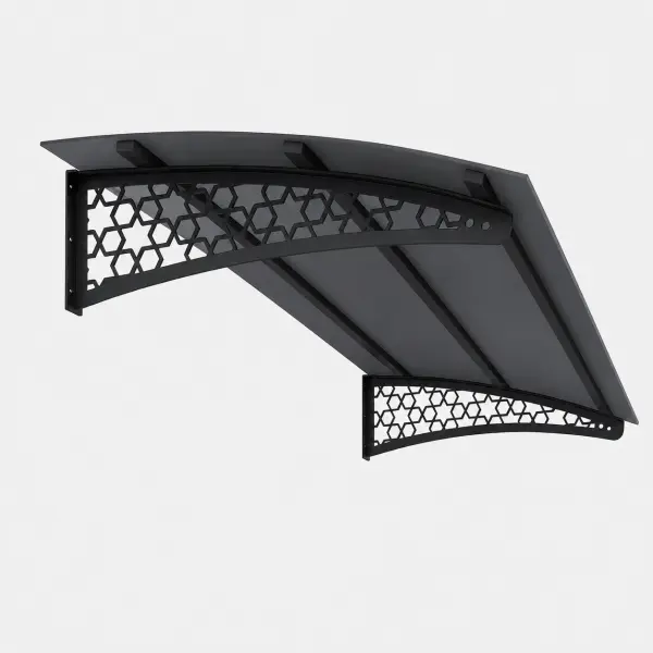 Selçuklu Kompozit Sundurma — altıgen yıldız geometrili siyah metal ayak ve kompozit üst panel