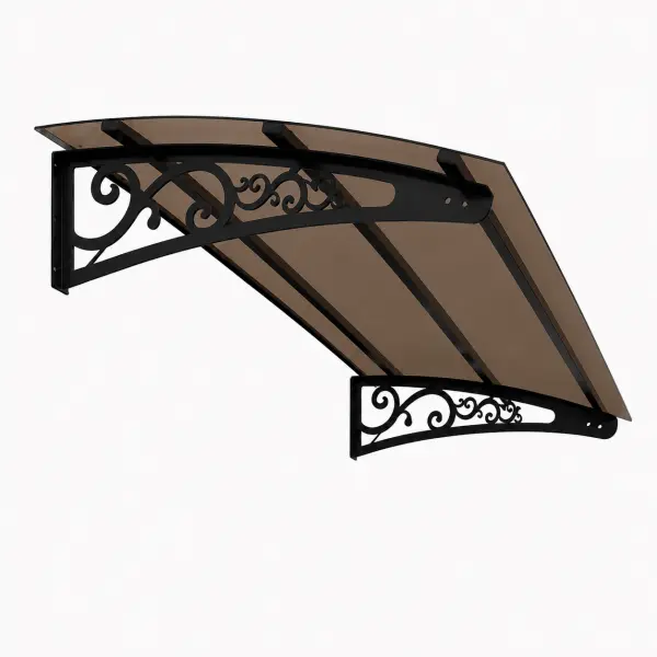 Lale Solid Sundurma — kıvrımlı ferforje desenli siyah metal ayak ve bronz polikarbon panel, açılı stüdyo görünümü