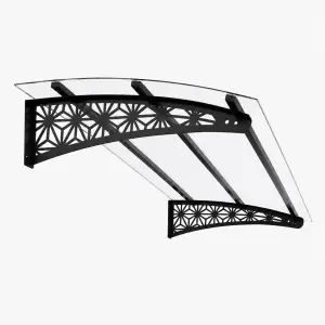 Lotus Solid Sundurma — ışınsal çiçek desenli siyah metal ayak ve şeffaf polikarbon panel, açılı stüdyo görünümü
