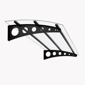 Modern Solid Sundurma — küçülen daire desenli siyah metal ayak ve şeffaf polikarbon panel, açılı stüdyo görünümü