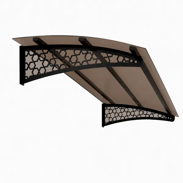Selçuklu Solid Sundurma — altıgen geometrik desenli siyah metal ayak ve bronz polikarbon panel, açılı stüdyo görünümü