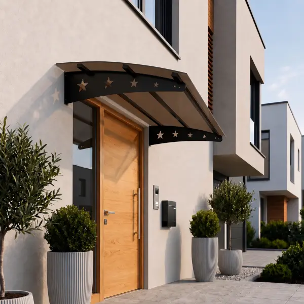 Yıldız Solid Sundurma — bina girişine montajlı, bronz polikarbon panelli sundurma