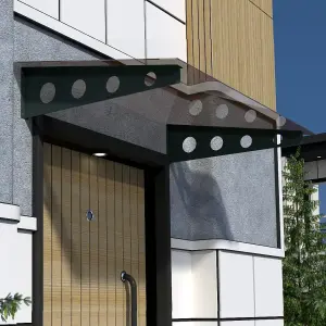 Modern Cam Sundurma — antrasit ayak ve bronz cam panel, aynı girişte montajlı görünüm