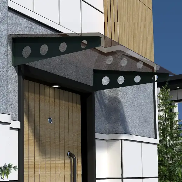 Modern Cam Sundurma — antrasit ayak ve bronz cam panel, aynı girişte montajlı görünüm