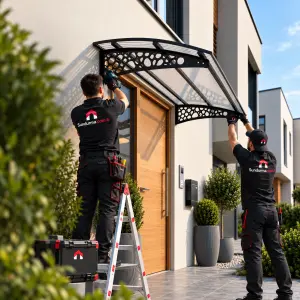 Çakıl Taşı Pratik sundurma, montaj ekibi tarafından kapı üstüne takılırken